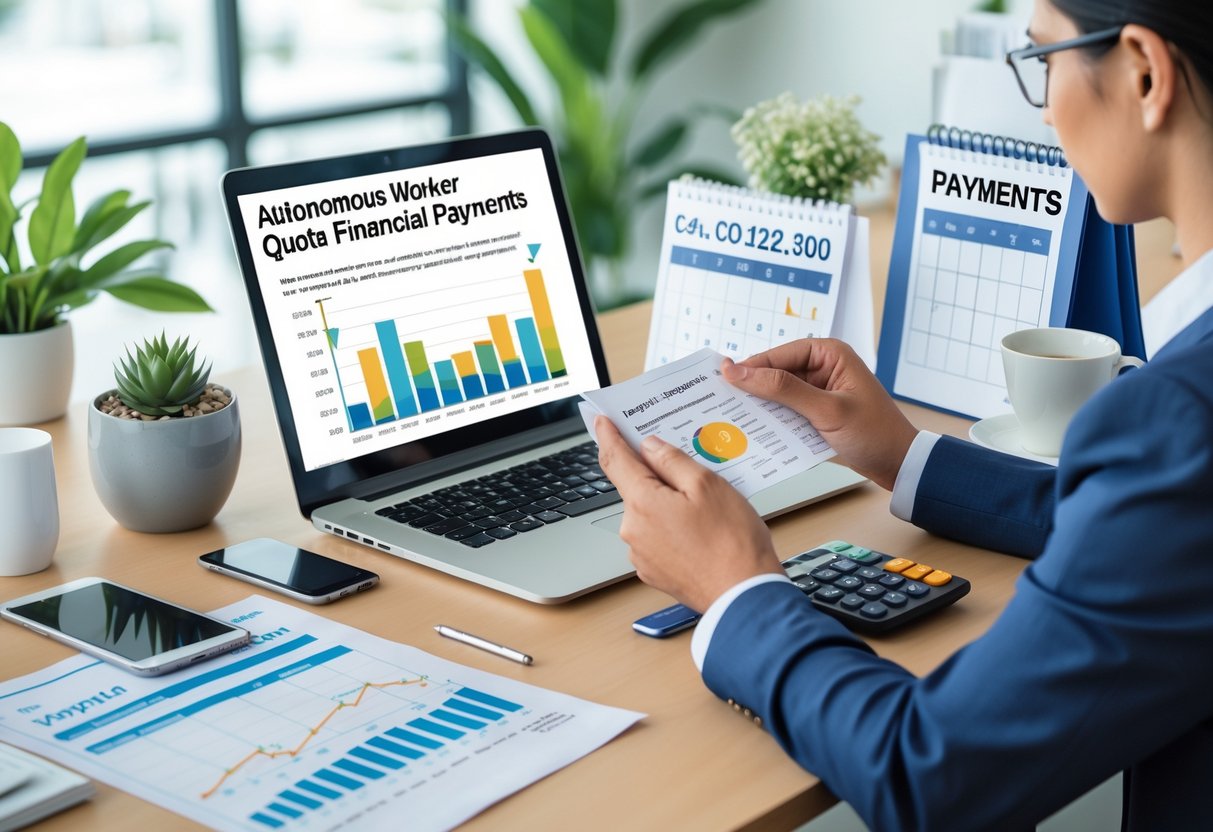 Persona revisando documentos financieros y usando calculadora en un escritorio de oficina moderno.