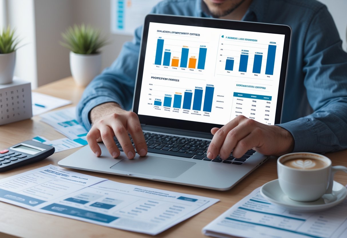 Persona autónoma revisando documentos y usando una calculadora en un espacio de trabajo moderno y ordenado.