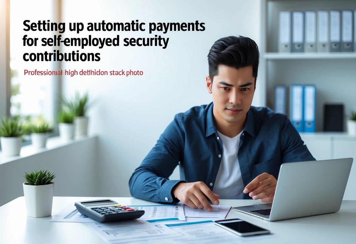 Persona trabajando en una oficina moderna usando una laptop y un teléfono para gestionar pagos de autónomos.