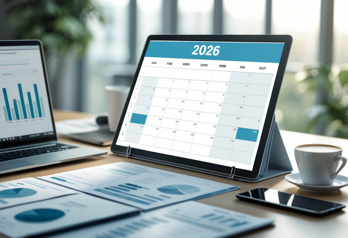 Espacio de trabajo con calendario, documentos financieros, calculadora y laptop mostrando gráficos.