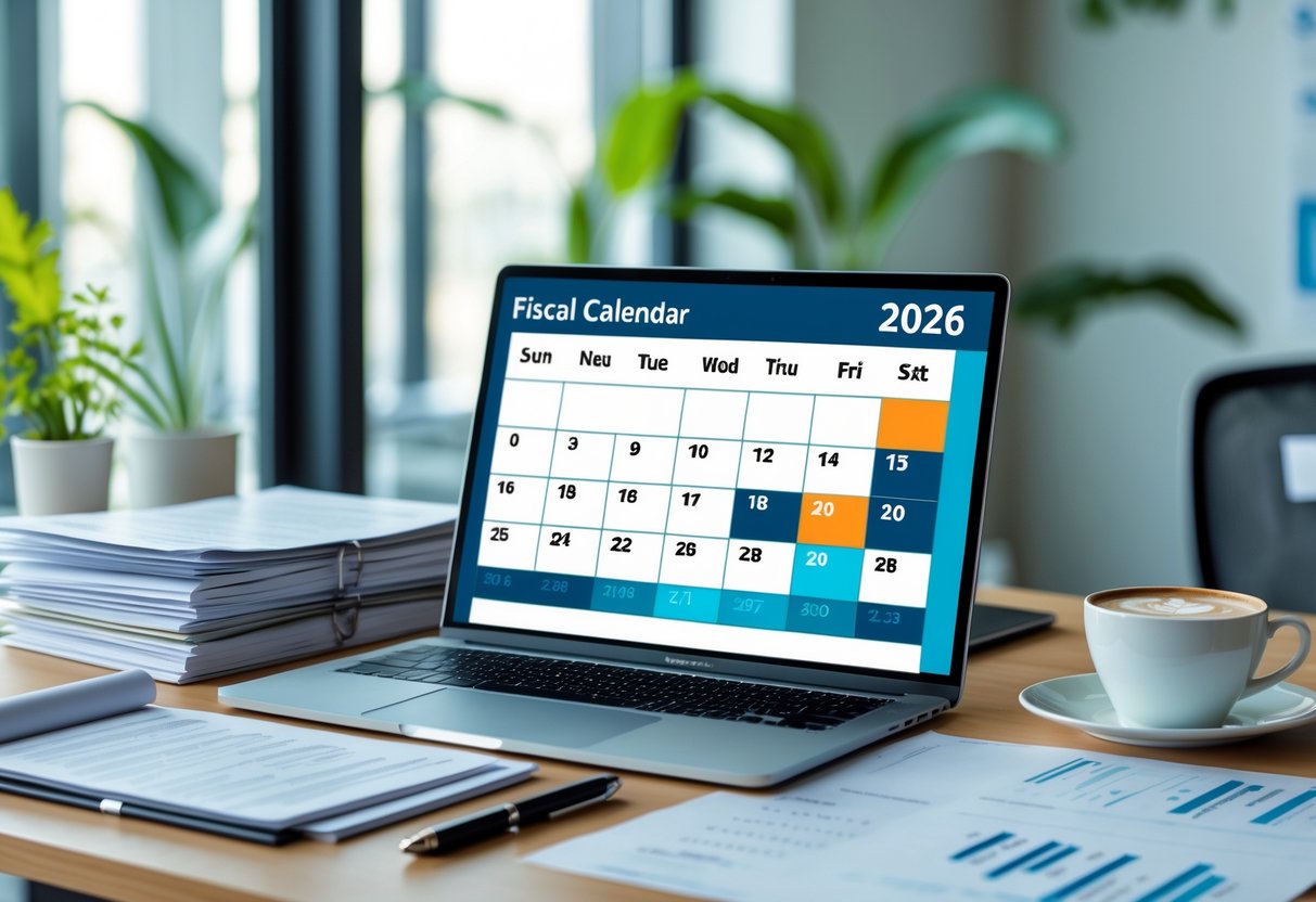 Escritorio de oficina con una computadora portátil mostrando un calendario digital, documentos financieros, una taza de café y plantas en un espacio ordenado y luminoso.