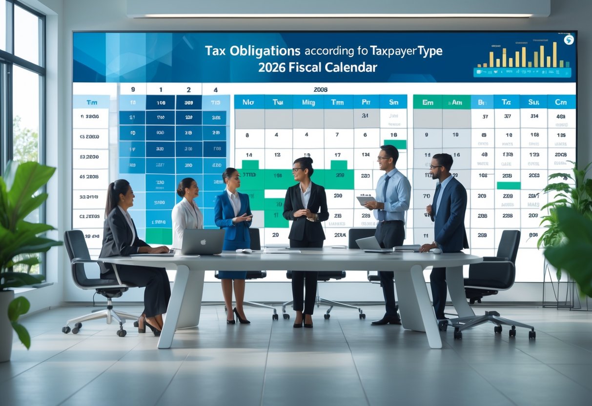 Personas trabajando en una oficina moderna, discutiendo y revisando documentos relacionados con obligaciones fiscales y un calendario financiero.