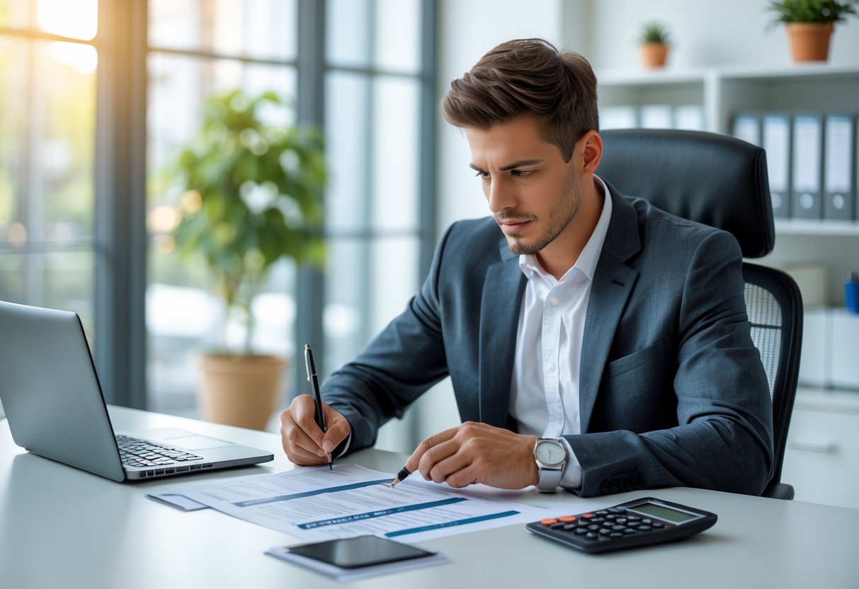 Hombre joven sentado en un escritorio moderno completando documentos para darse de alta como autónomo en una oficina luminosa y ordenada.