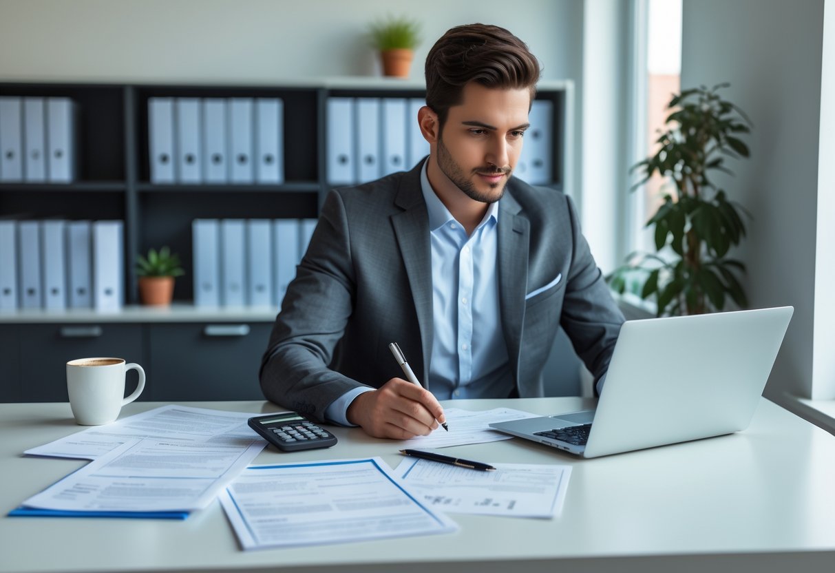Persona joven revisando documentos y llenando formularios en un escritorio ordenado para darse de alta como autónomo.