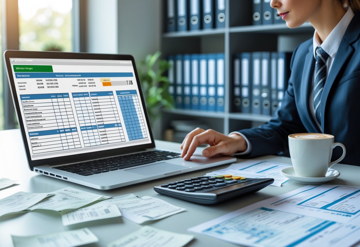 Persona revisando documentos y recibos en un escritorio de oficina moderno, con calculadora y laptop, en un ambiente de trabajo financiero.