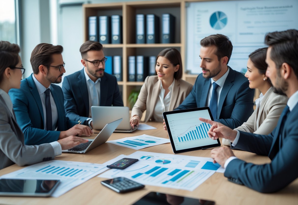 Personas en una oficina moderna discutiendo documentos financieros y usando dispositivos electrónicos en una mesa de reunión.