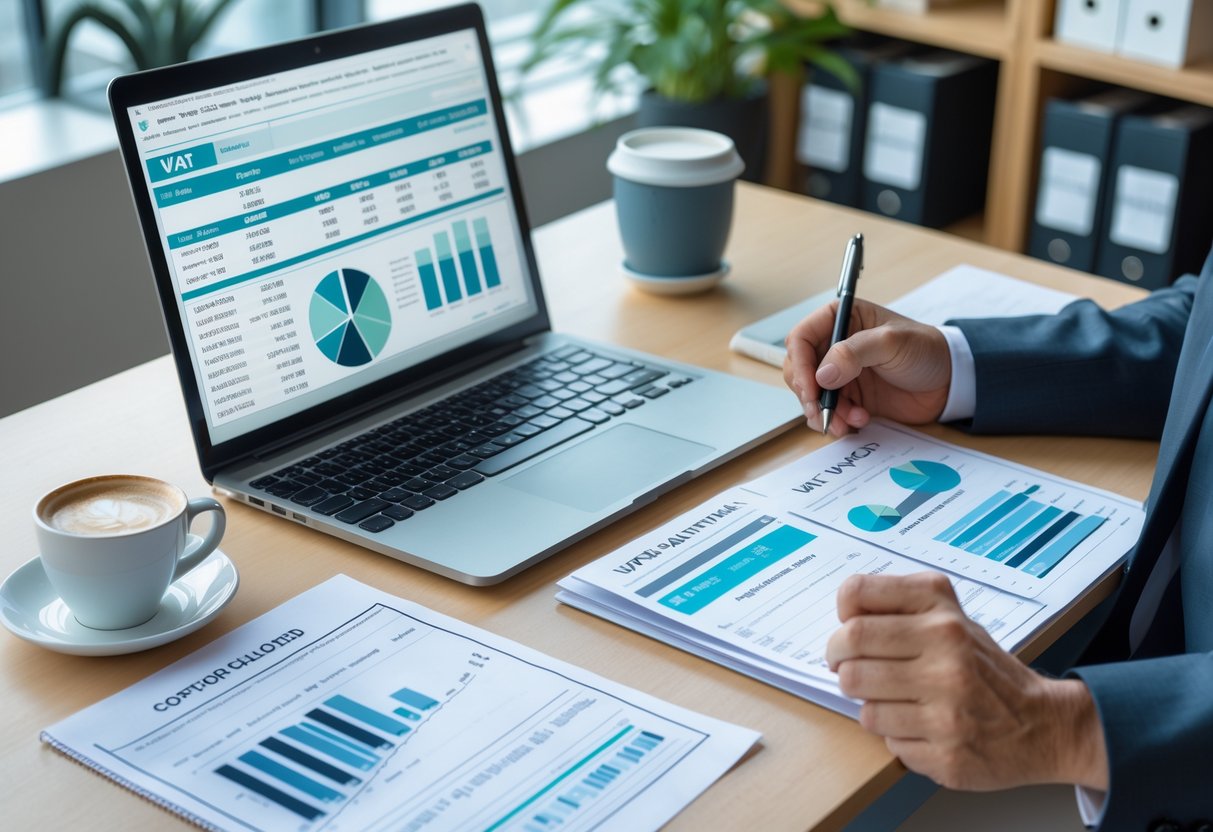 Persona en una oficina moderna preparando documentos y usando una calculadora para presentar el IVA trimestral.