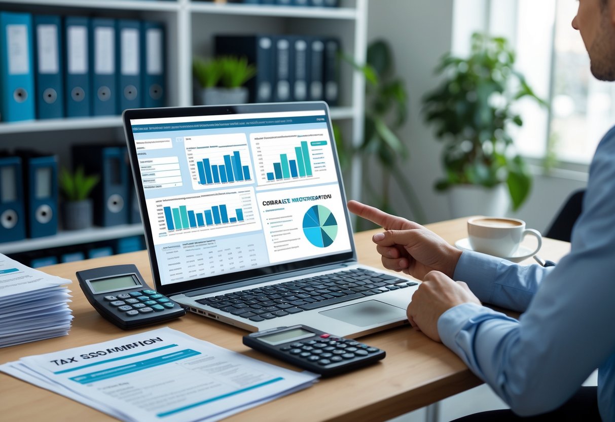 Persona trabajando en una oficina con computadora, calculadora y documentos relacionados con impuestos trimestrales.