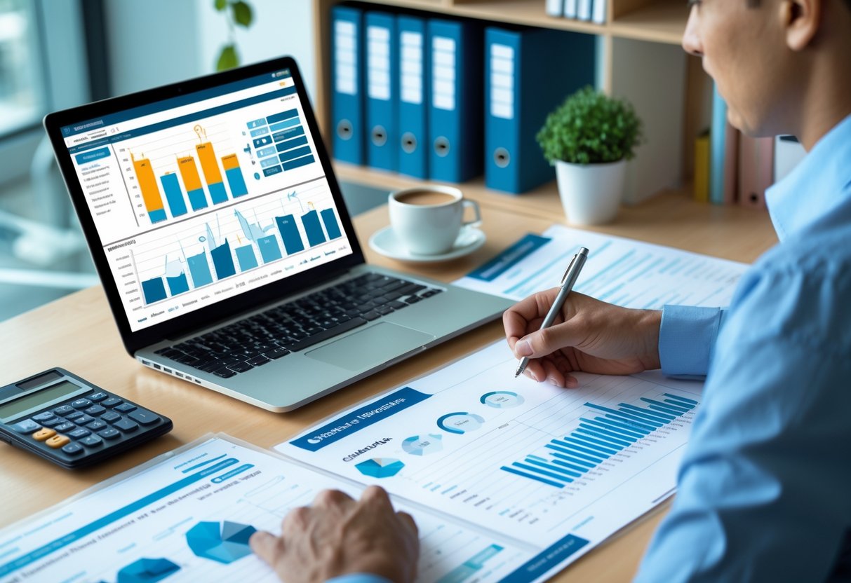 Persona trabajando en una oficina con una computadora portátil, calculadora y documentos financieros para presentar el IVA trimestral.