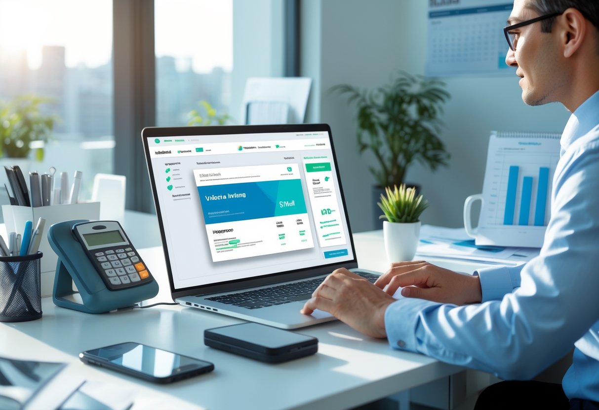 Persona trabajando en una oficina con una computadora mostrando una factura electrónica en pantalla.