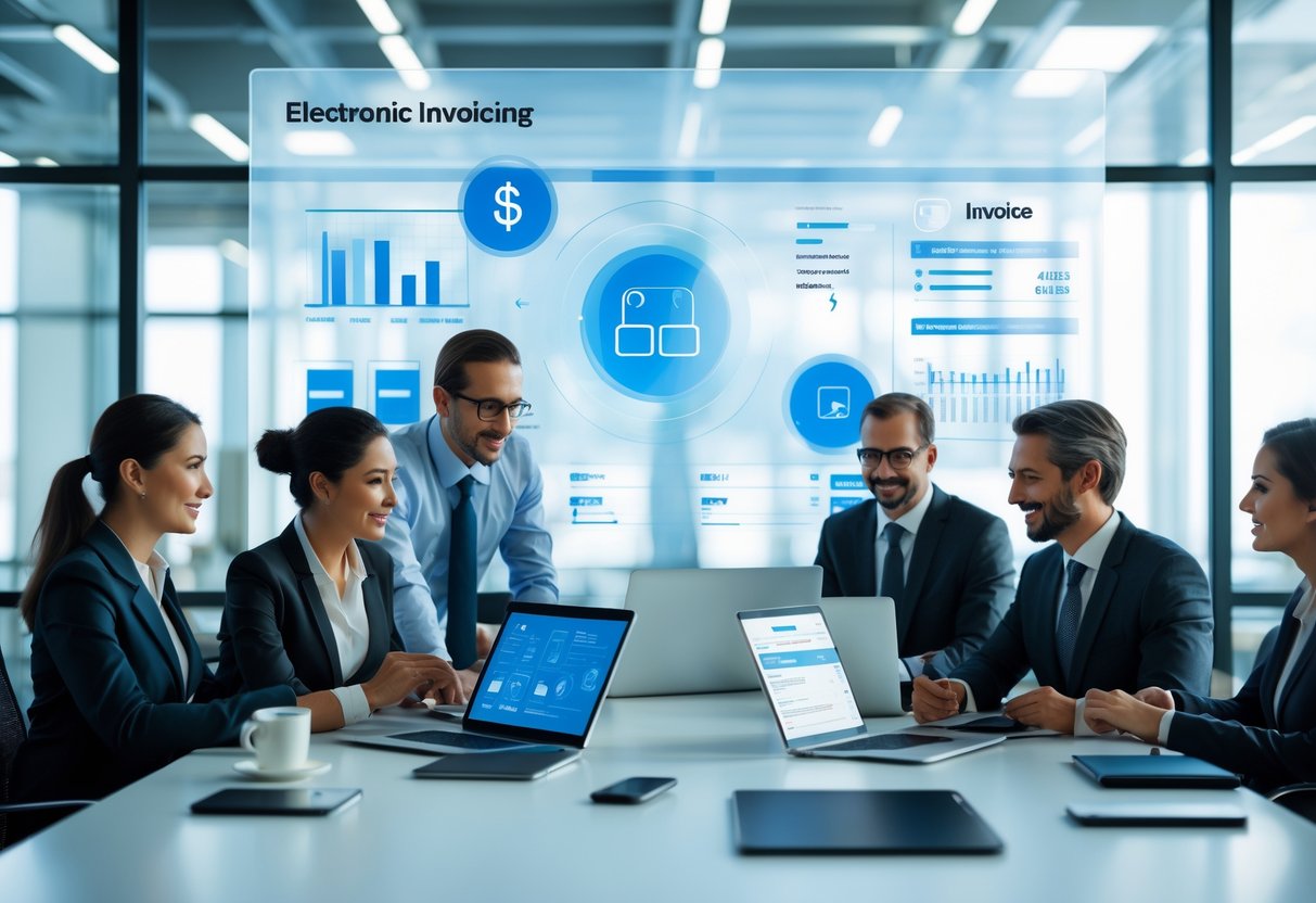 Profesionales de negocios colaborando en una oficina moderna con dispositivos digitales mostrando datos relacionados con facturación electrónica.