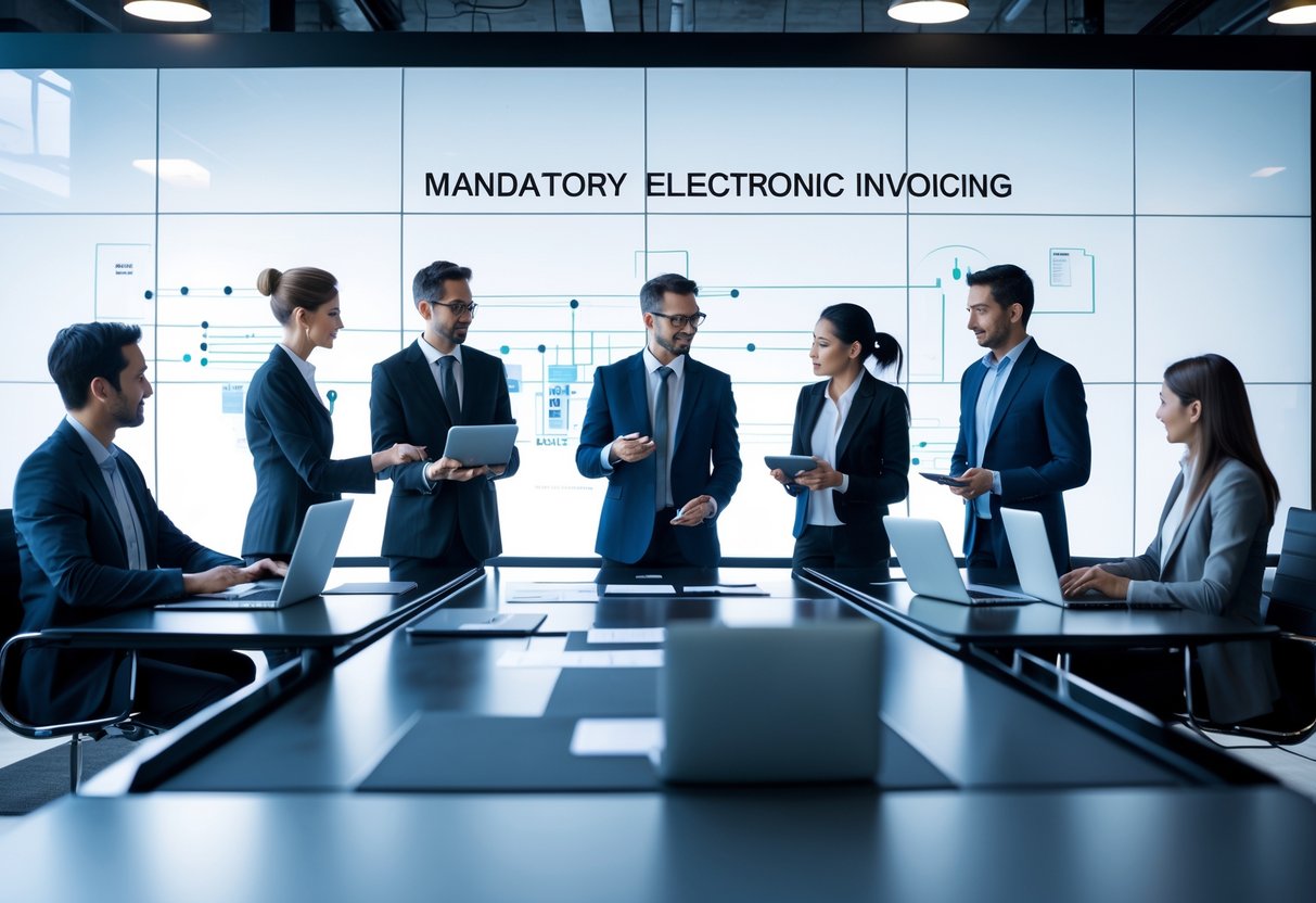 Personas trabajando en una oficina moderna con computadoras y documentos, colaborando en un entorno corporativo.