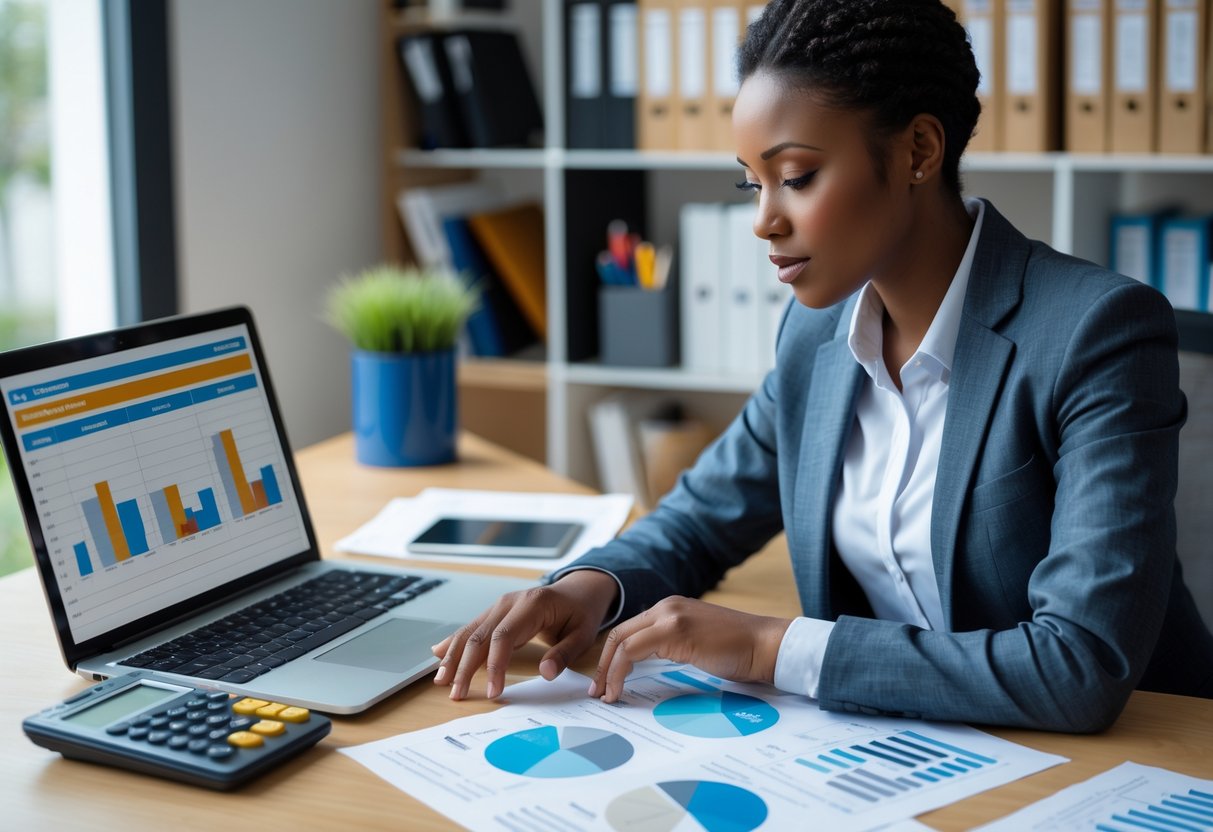 Persona autónoma revisando documentos financieros en un escritorio moderno en una oficina en casa.