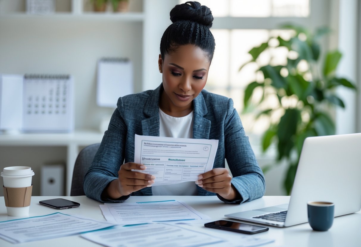 Persona autónoma trabajando en una oficina en casa con documentos médicos y laptop, revisando información sobre baja por enfermedad.